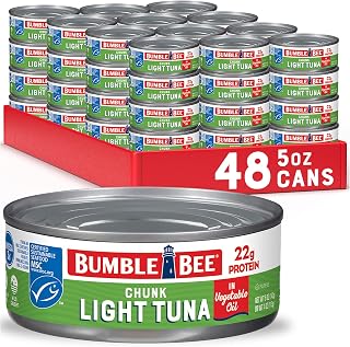 Bumble Bee Chunk Light Tuna In Oil, 5 oz Cans (Pack of 48) - Wild Caught Skipjack Tuna - 22g Protein Per Serving - MSC Certified Sustainable Seafood, Non-GMO, Gluten Free, Kosher | Wild Caught Tuna, 22g Protein per Can, MSC Certified Sustainable Seafood, Non-GMO, Gluten Free, Kosher