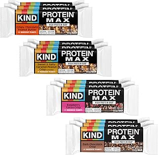 KIND MAX Bars Variety Pack, Gluten Free, Low Sugar, High Fiber Snacks, Crispy Chocolate Peanut Butter, Sweet & Salty Caramel Peanut, Raspberry Cocoa, Dark Chocolate, 20g Protein, 12 Count