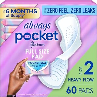 Always Pocket Feminine Pads with FlexFoam, Size 2, Heavy Flow, with Wings, Unscented, 60 Count (3 Packs of 20)