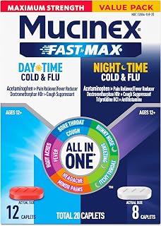 Mucinex Fast-Max Maximum Strength Day & Night Cold and Flu Medicine for Adults, Powerful Over-the-Counter Medication for Cold & Flu Symptoms, Fast Release Caplets, 20 Count