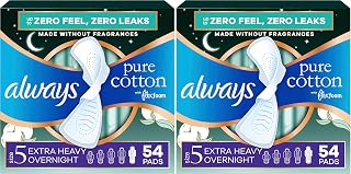 Always Pure Cotton Feminine Pads for Women, FlexFoam Pads with Wings, Size 5, Extra Heavy Overnight Absorbency, Unscented,54 Count (Pack of 2)