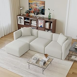 L-Shaped Modular Sectional Sofa with Ottoman, Linen-Like Cream