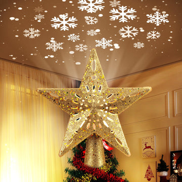 Brightown Lighted Star Tree Topper, 10 Inch Golden with Snowflake Projector