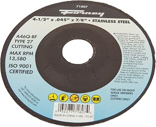 Forney 71807 4-1/2-Inch by 0.45-Inch A46Q-BF Type 27 Stainless Steel Cut Off Wheel with 7/8-Inch Arbor