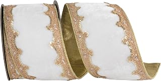 Reliant Ribbon Plush Velvet Deluxe Sequin Scallop Trimming Wired Edge, White, 4 Inch, 5 Yards