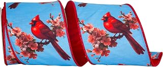 Reliant Ribbon Cardinal Blossom Deluxe Wired Edge, Blue/red, 4 Inch, 10 Yards