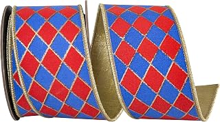 Reliant Ribbon Diamond Elite Metallic Outline Deluxe Wired Edge, Red/Royal, 2-1/2 Inch, 5 Yards