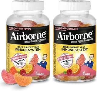 Airborne 750mg Vitamin C Gummies for Adults, Immune Support Supplement with Powerful Antioxidants Vitamins A C & E - 2x63ct Bottles (126 Gummies), Assorted Fruit Flavor
