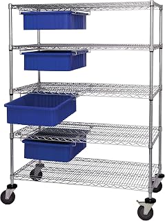 QUANTUM STORAGE SYSTEMS WRC5-63-2460-92060BL Wire Heavy Duty Wheels 5 Shelves 4 Dividable Grid Blue Bins 69" H x 60" W x 24" D