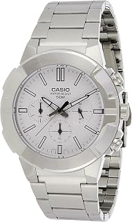 Casio MTP-E500D-7AV Men's Chronograph Watch, Silver Stainless Steel Bracelet, White Dial, 50M Water Resistant