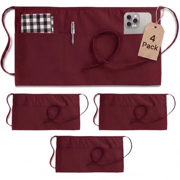 Server Waist Aprons 4 Pack Short 3 Pockets Men Women Burgundy by Utopia Wear – 24x12 Inches (Pack of 4), Polyester, Burgundy, Model UK0963