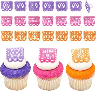 DecoPac Papel Picado Banner Cupcake Toppers, 24 Día de los Muertos Cupcake Rings For Fiesta, Celebrations, & Parties - 24 Pack