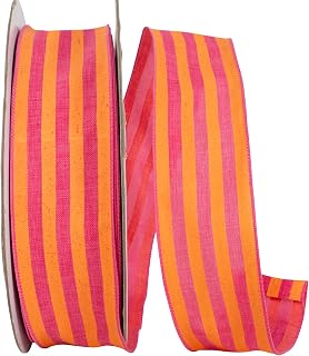 Reliant Ribbon Broad Striped Linen Value Wired Edge, Orange/Fuchsia, 2-1/2 Inch, 50 Yards