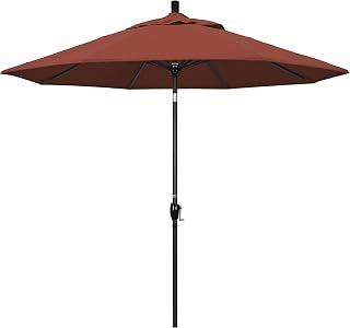 California Umbrella 9' Round Aluminum Market Umbrella, Crank Lift, Push Button Tilt, Black Pole, Terracotta Olefin