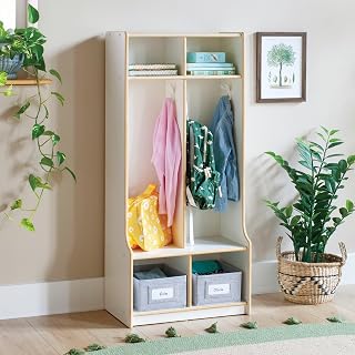 Guidecraft EdQ 2-Section Wooden Storage Locker with Bench Seat for Classroom, Kids White Cubby Organizer with Shelves and Hooks for Coats, Divided Playroom Storage with Bins