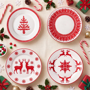 Rtteri Ceramic Salad Plates, 9 Inch, Red Nordic Christmas Set of 4
