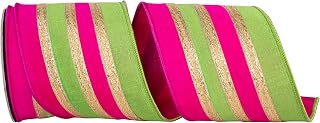 Reliant Ribbon Stripe Trimming Overlay Dupioni Deluxe Wired Edge, Citrus/Fuchsia, 4 Inch, 5 Yards