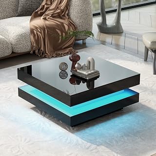 32" High Gloss Minimalist Coffee Table, Round Coffee Table with Led Lights, Mesa De Centro para Sala with Waterproof Surface for Living Room, Black
