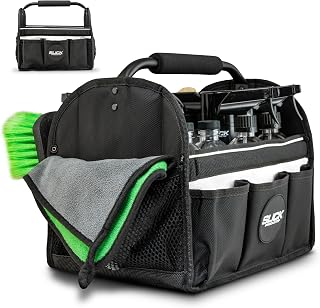 Slick Products Car Detailing Caddy & Organizer Tote - Heavy-Duty Storage | Metal carry handle; divided compartments; water-resistant non-slip base; holds bottles, towels, brushes & detailing tools