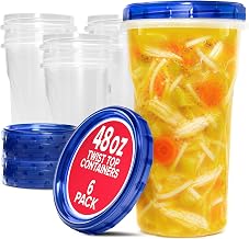 Stock Your Home 48oz Plastic Containers with Twist Top Lids (6 Pack), 1.5 Quart Freezer Containers with Lids for Leftover Food, Airtight Reusable Soup Containers, Microwave and Dishwasher Safe
