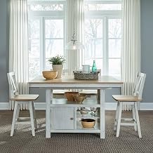 Liberty Furniture Lindsey Farm 5 Piece Gathering Table Dining Room Set Counter Height 36" Farmhouse - 4 Splat Back Chairs - Weathered White & Sandstone Wood