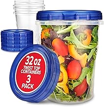 Stock Your Home 32oz Plastic Containers with Twist Top Lids (3 Pack) – Quart Freezer Containers for Leftovers, Airtight Reusable Soup Storage, Microwave & Dishwasher Safe