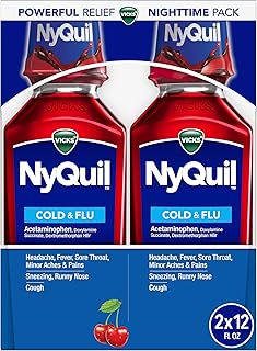 Vicks NyQuil, Nighttime Relief of Cough, Cold & Flu Relief, Sore Throat, Fever, & Congestion Relief, Cherry Flavor, Twin Pack, 12 FL OZ