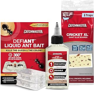Catchmaster Cricket XL Giant Glue Boards 6-Pk, Adhesive Bug Catcher Cricket Trap & Defiant Premium Liquid Ant Killer, 1-Year Supply, Kills the Queen and Colony, No Mess Precision Bottle