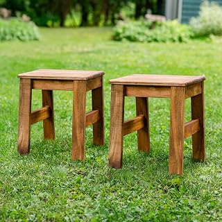 Guidecraft Acadia Outdoor Stools Set of 2 - Acacia Wood Stool for Kids Ages 2+, 14in Height, Holds Upto 125lbs | Flexible Seating for Kids Outdoor Activity Table, Perfect for Backyard, Garden, Patios