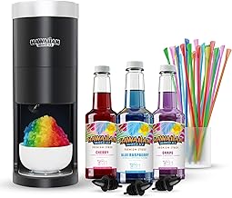 Hawaiian Shaved Ice HomePro Shaved Ice Machine Kit | 3 - 16oz. Syrup Flavors Cherry, Grape, Blue Raspberry, 50 spoon straws, 3 black pour spouts