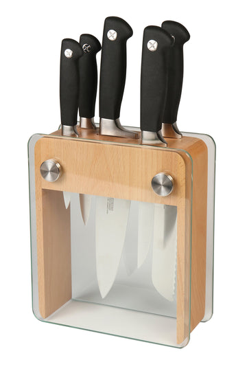 Genesis 6-Piece Wood / Glass Knife Block Set by Mercer Culinary – 15" x 4" x 10", Stainless Steel, Black/Steel, Pack of 6, Model M20050