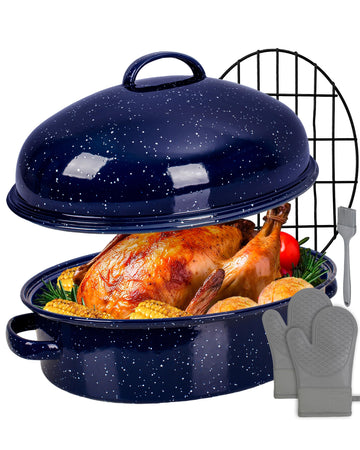 MCCSI Enamel Roasting Pan with Lid and Rack, 18 Inch Oval, Midnight Blue