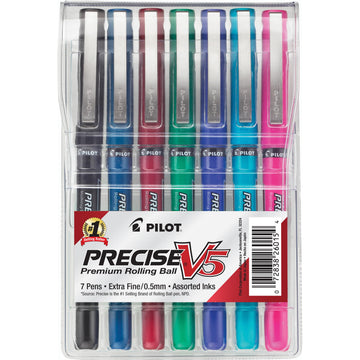 Precise V5 Rollerball Pens by PILOT – 7 Count (Pack of 1), Plastic, Black, Blue, Red, Green, Purple, Pink, Turquoise, Model 26015
