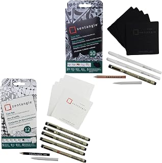 SAKURA Zentangle Tool Set - 10 Piece Set & 5 Black Micron Pens, 1 Black Graphite Pencil, 1 Tortillion, 5 3.5" White Paper Tiles - 12 Piece Set