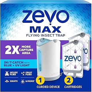 MAX Bug Catcher, Gnat & Fruit Fly Trap Indoors, 1 Base & 2 Refills | 360° Blue + UV Light Trap for Large Rooms, Fits 2x Fruit Flies & Gnats Than Original Zevo Trap, Indoor Odor-Free Fly Control