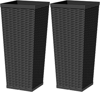 Greesum 30 Inch Tall Plastic Planters with Rattan Texture – Set of 2, Black
