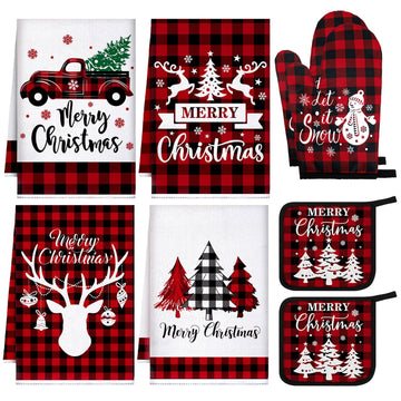 Bencailor Christmas Kitchen Linen Set, Red Truck Buffalo Plaid, 8 Pieces