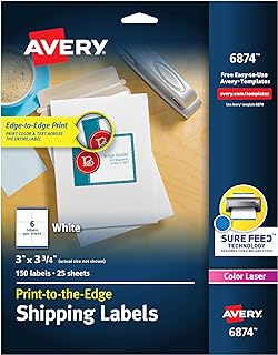 Avery Print-to-the-Edge Printable Shipping Labels, 3" x 3.75", Matte White, Sure Feed® Technology, Laser & Inkjet Compatible, 150 Blank Labels, Great for Mailing, Branding, and More (6874)