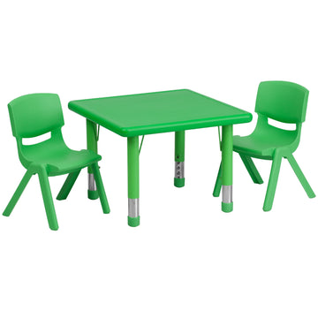 24 in Plastic Square Activity Table with 2 Chairs by Flash Furniture – 24"W x 24"D x 14.50" - 23.75"H, Plastic, Green, Pack of 3, Model YU-YCX-0023-2-SQR-TBL-GREEN-R-GG