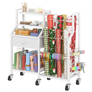 Hoobro Wrapping Paper Cart, Rolling Organizer with Drawer, White