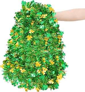 33ft St. Patrick's Day Tinsel Garland, Green Gold Shamrock Metallic Twisted Tinsel Garland with Shamrock Confetti Glitter Hanging Garland Decoration for Home Tree Fireplace Mantle Home Party Decor