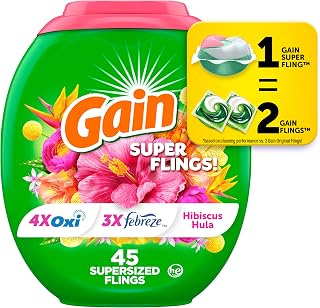 Super Sized Flings Laundry Detergent Pacs with Hibiscus Hula Scent, Powerful Cleaning for Lasting Freshness, HE Compatible, 45 Count, Gain Laundry Detergent Pods, Pack of 4
