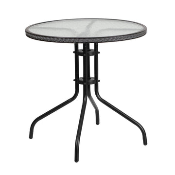 28 in Tempered Glass Round Table by Flash Furniture – 28" Round, Rattan, Plastic, Metal, Glass, Aluminum, Steel, Clear/Gray Rattan, Model TLH-087-GY-GG