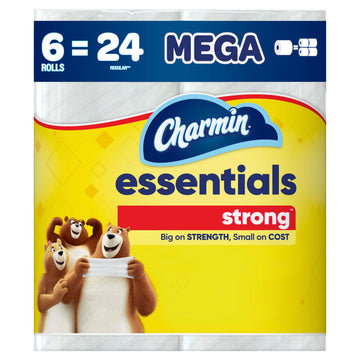 Essentials Strong Toilet Paper 6 Mega Rolls by Charmin – 6 Rolls (429 Sheets), Paper, White, Pack of 6, Model 30772045152