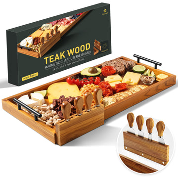 Socisen Teak Charcuterie Board, 24 x 12 Inch with 4 Cheese Knives, Natural