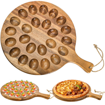 Okllen Acacia Wood Deviled Egg Platter, 24 Holes with Handle, Brown