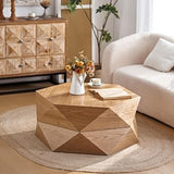 37" Retro Polygon Coffee Table, Round Coffee Table with Hidden Storage, Mesa De Centro para Sala with Wood Veneer for Office Living Room, Natural