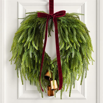 APUDWN Norfolk Pine Wreath, 24 Inch Diameter, Green with Burgundy Bow