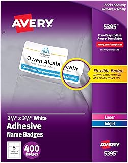 Avery Flexible Printable Name Badges, 2-1/3" x 3-3/8" Rectangle Labels, White, 5 Packs, 2,000 Removable Name Tag Stickers Total (5395)