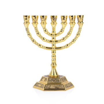 BRTAGG 12 Tribes Menorah, 7 Branch Candle Holder, Gold 5 Inches